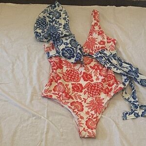 Floral Print One-Piece Swimsuit - Red and Blue